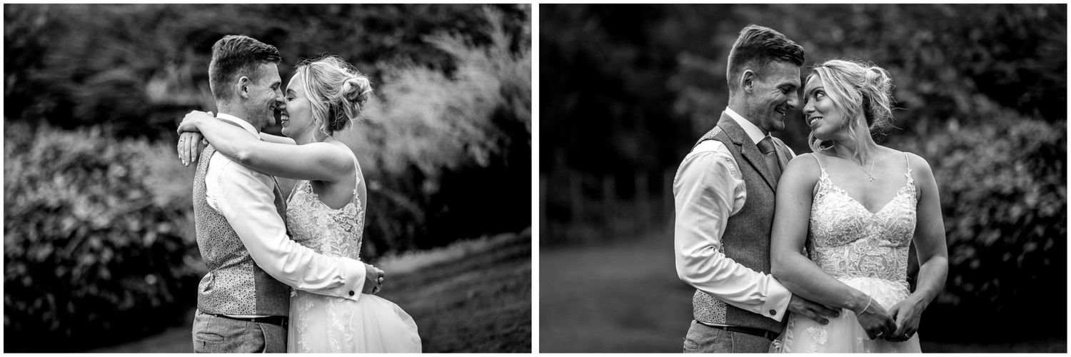 Series of intimate black and white wedding portraits showing tender moments between couple.