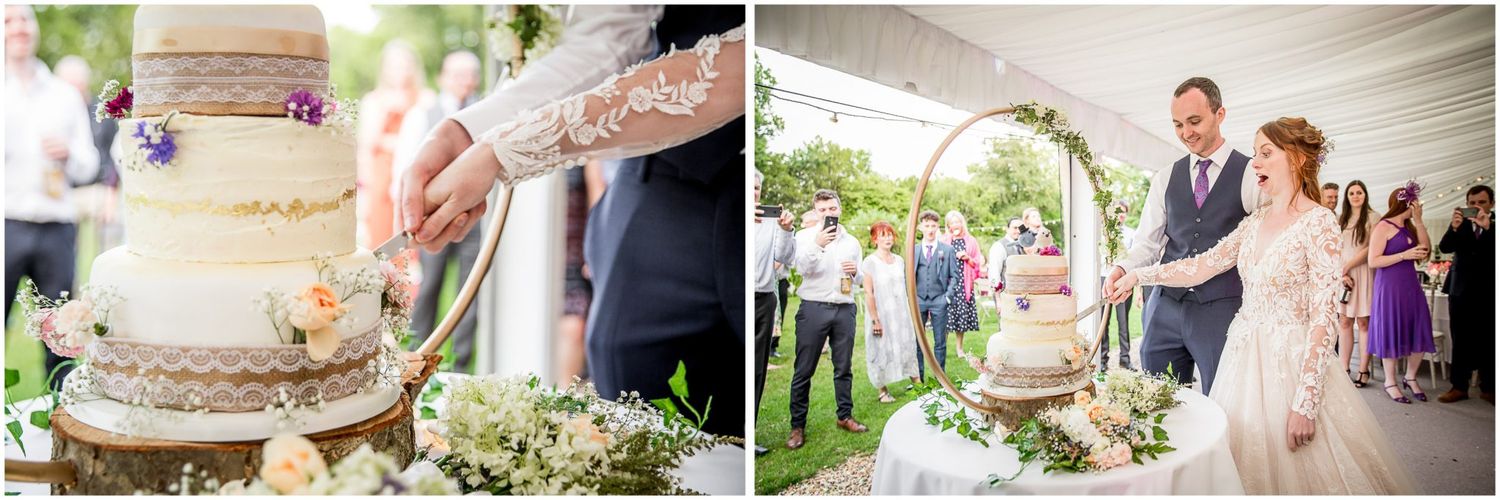 A wedding photo collage showing reception details, floral arrangements, rings, and outdoor ceremony moments.