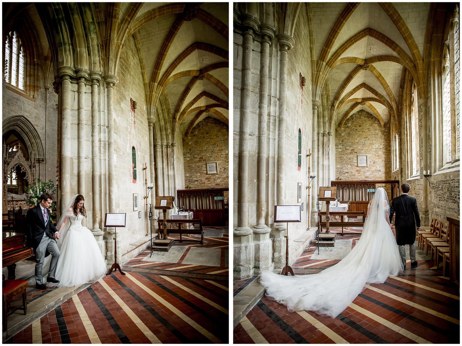 Gothic church cloister with stone arches and dramatic lighting creates an elegant architectural corridor.
