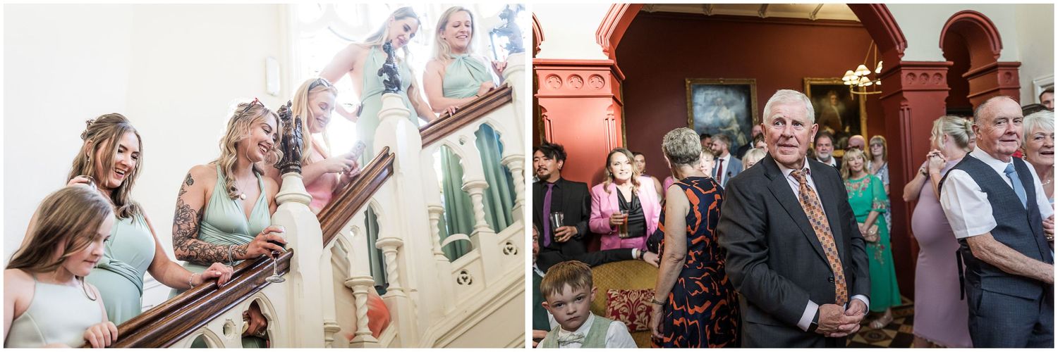 A collection of candid wedding photos showing celebrations and intimate moments between guests and the happy couple.