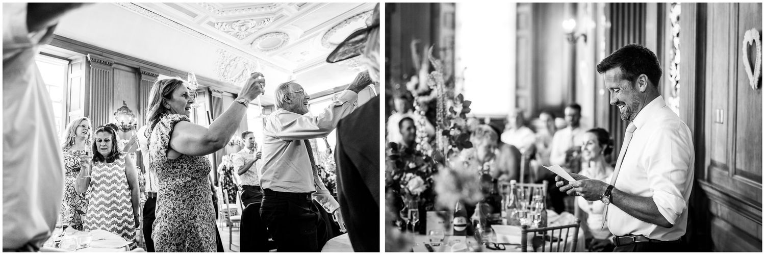 Black and white wedding reception photos showing guests raising a glass as a toast during the speeches