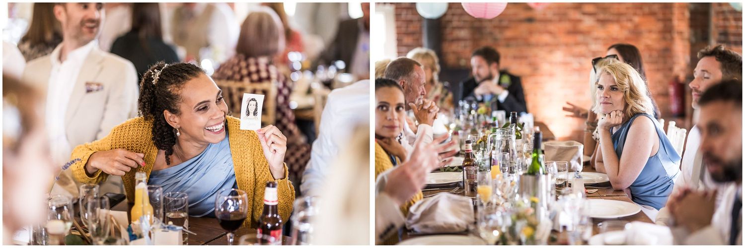 Candid photographs of the bridesmaids during the wedding breakfast at Sopley Mill in Hampshire