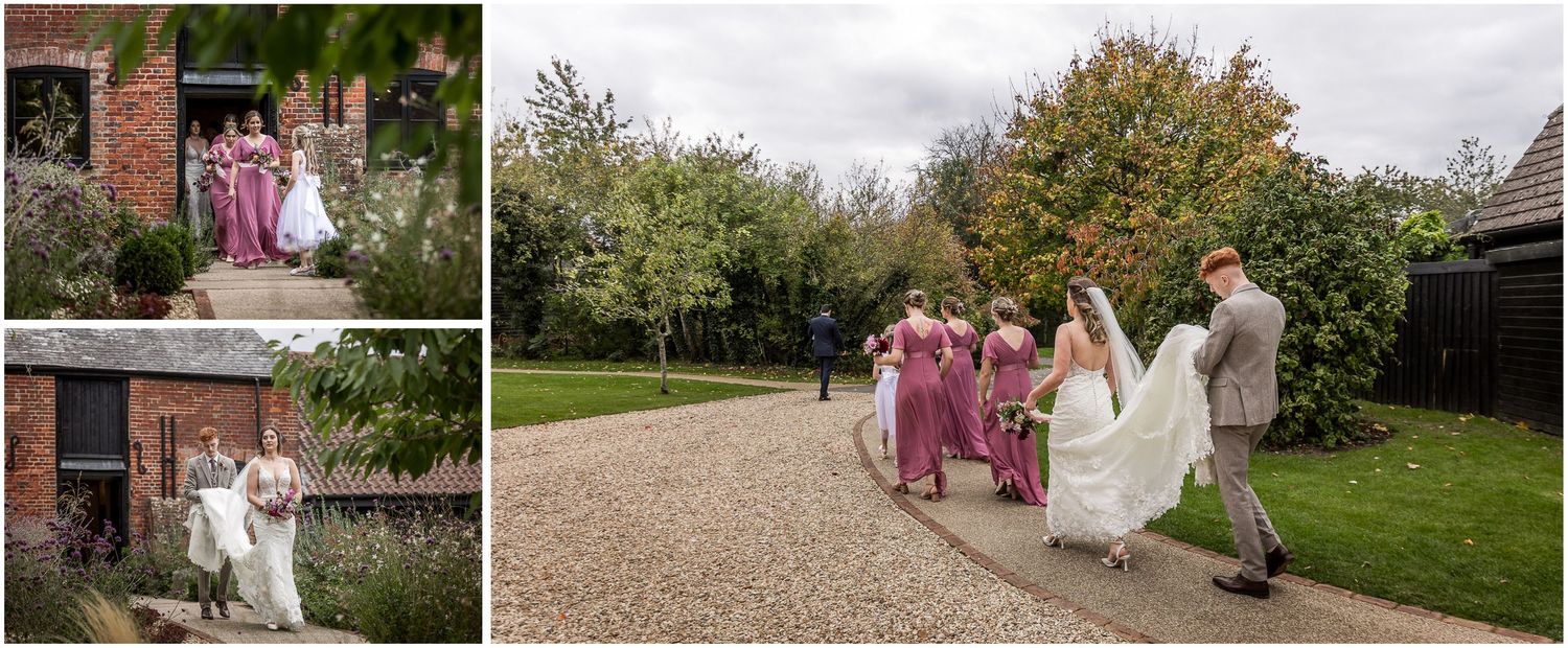 Bride and bridesmaids make the short walk between Clock Barn's getting ready rooms and the main barn for the wedding ceremony