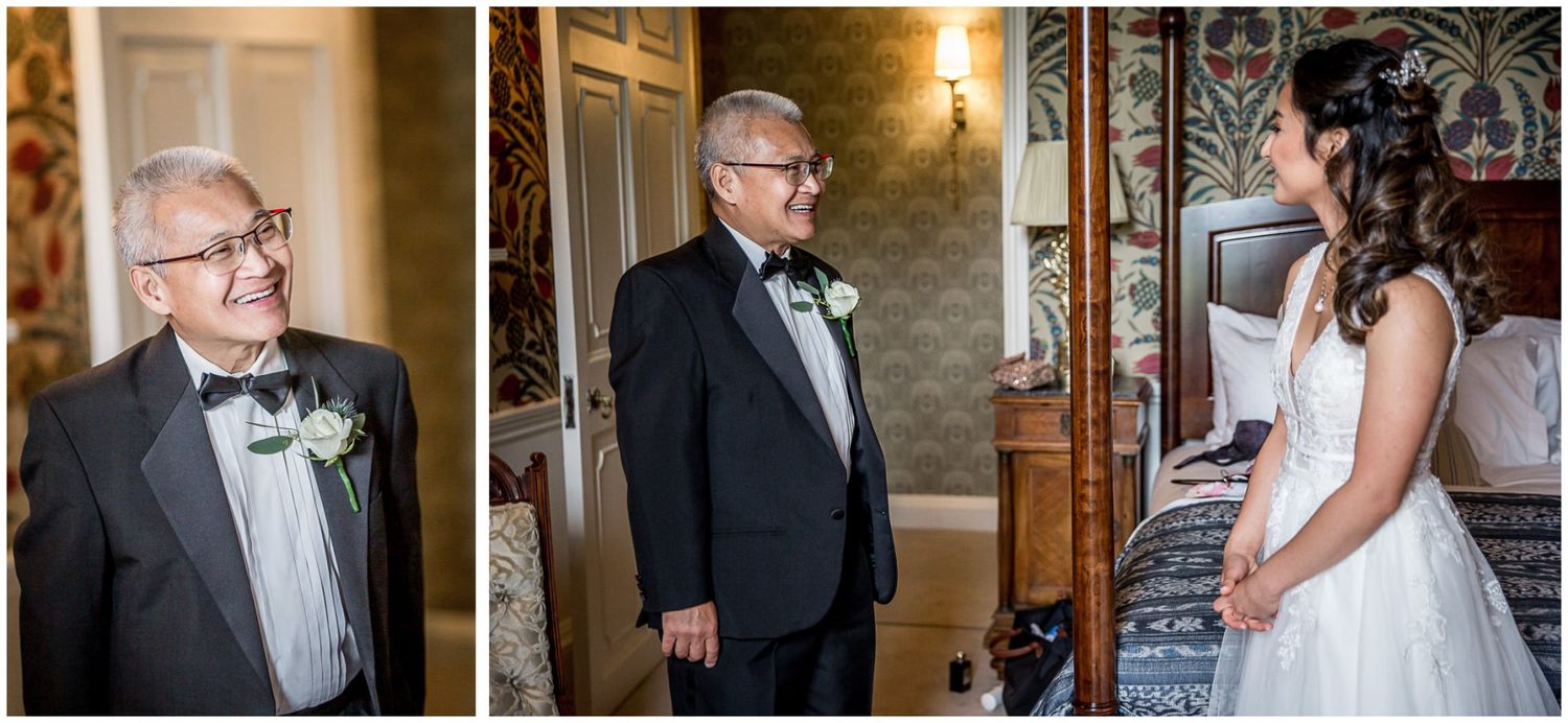 Wedding party members in formal attire gather for indoor photos in an ornate venue.