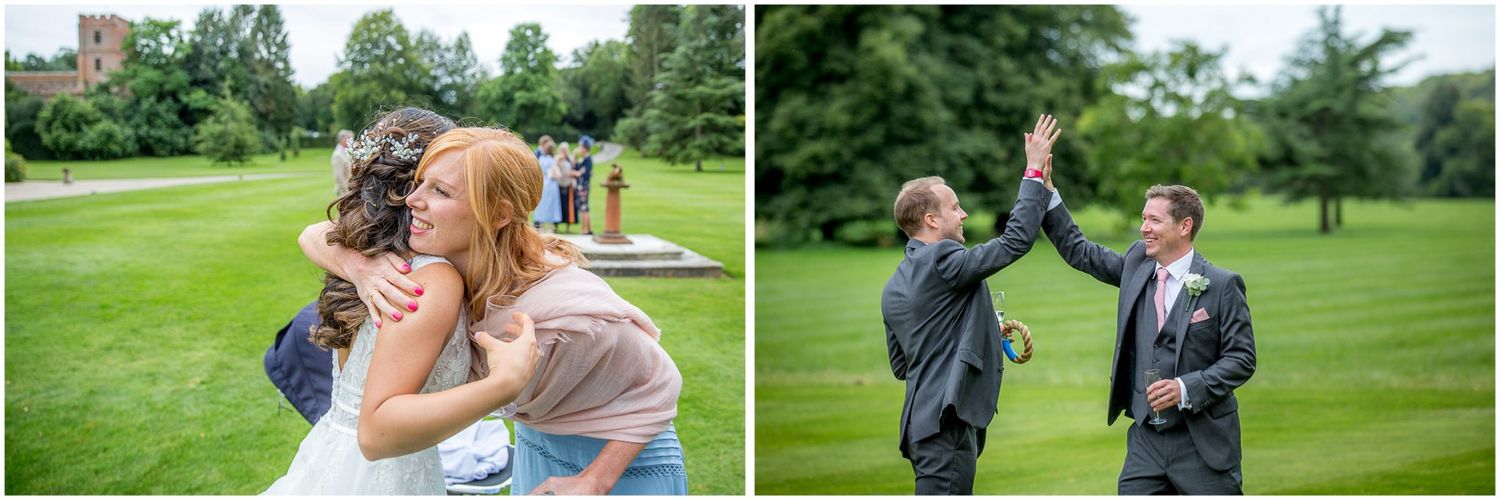 Couples enjoying a relaxed moment on the sprawling green lawns of a country estate.