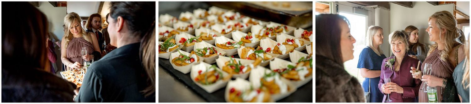 Wedding reception collage showing guests mingling and appetizer plates.