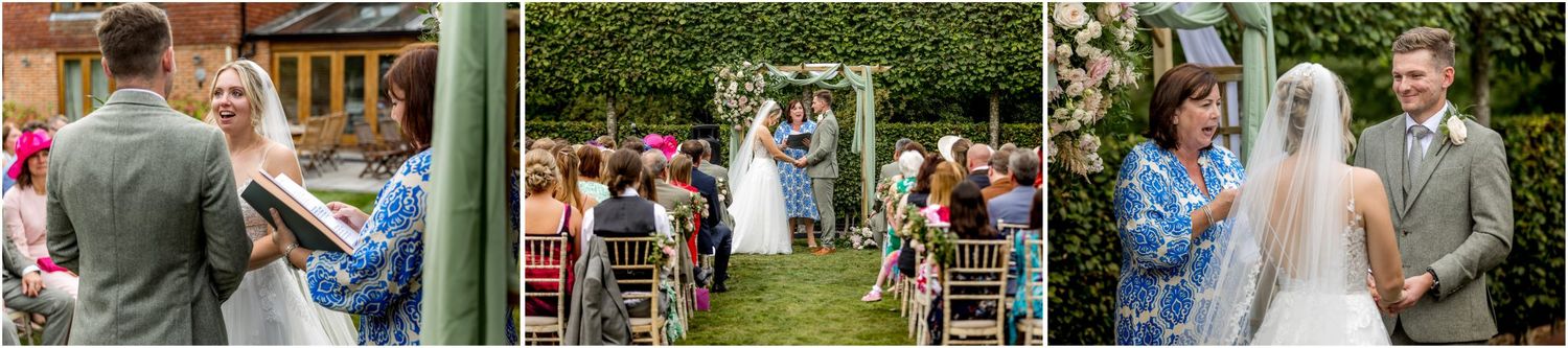 Series of candid wedding ceremony moments in an outdoor garden setting.