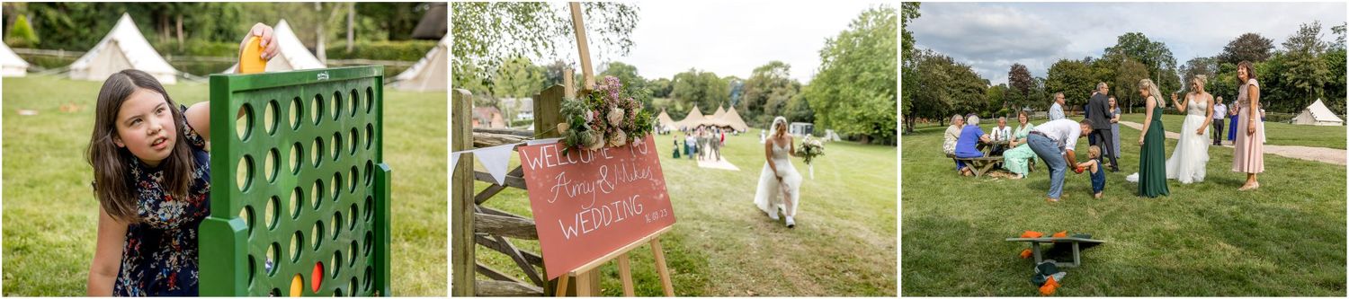 Garden games and outdoor activities set up on a lawn for wedding entertainment.