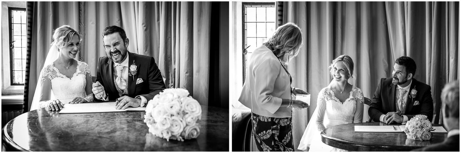 A series of black and white wedding photographs capturing candid moments during a formal ceremony.