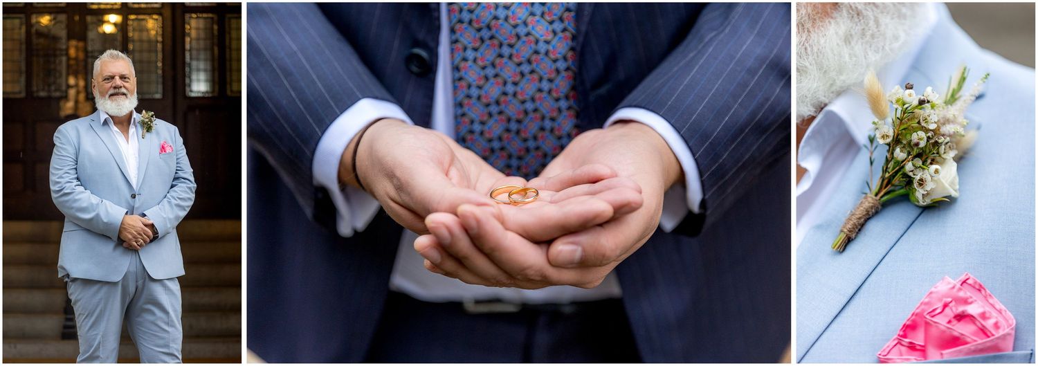 Groom wedding ring and buttonhole detail photographs