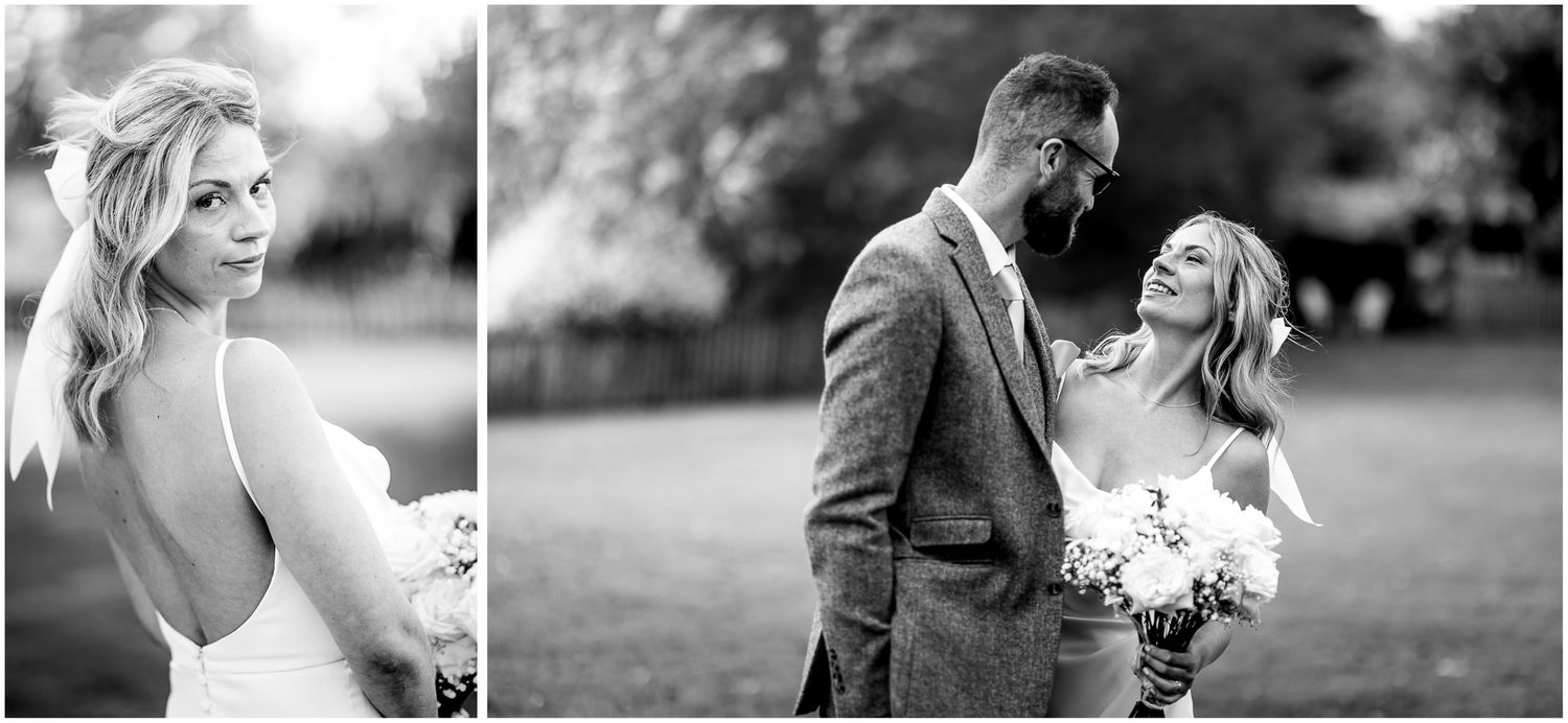 Black and white romantic wedding photography sequence in garden setting.