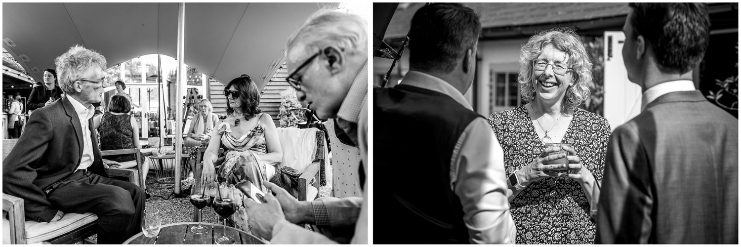 Black and white photos of guests mingling at a social gathering.