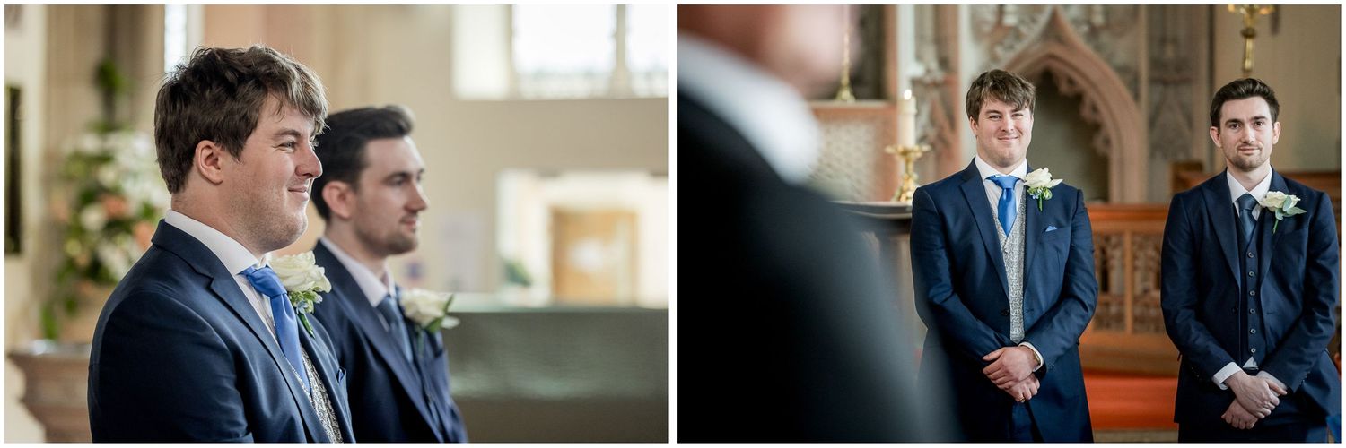 Formal gathering in a church with elegant stone columns and natural lighting.