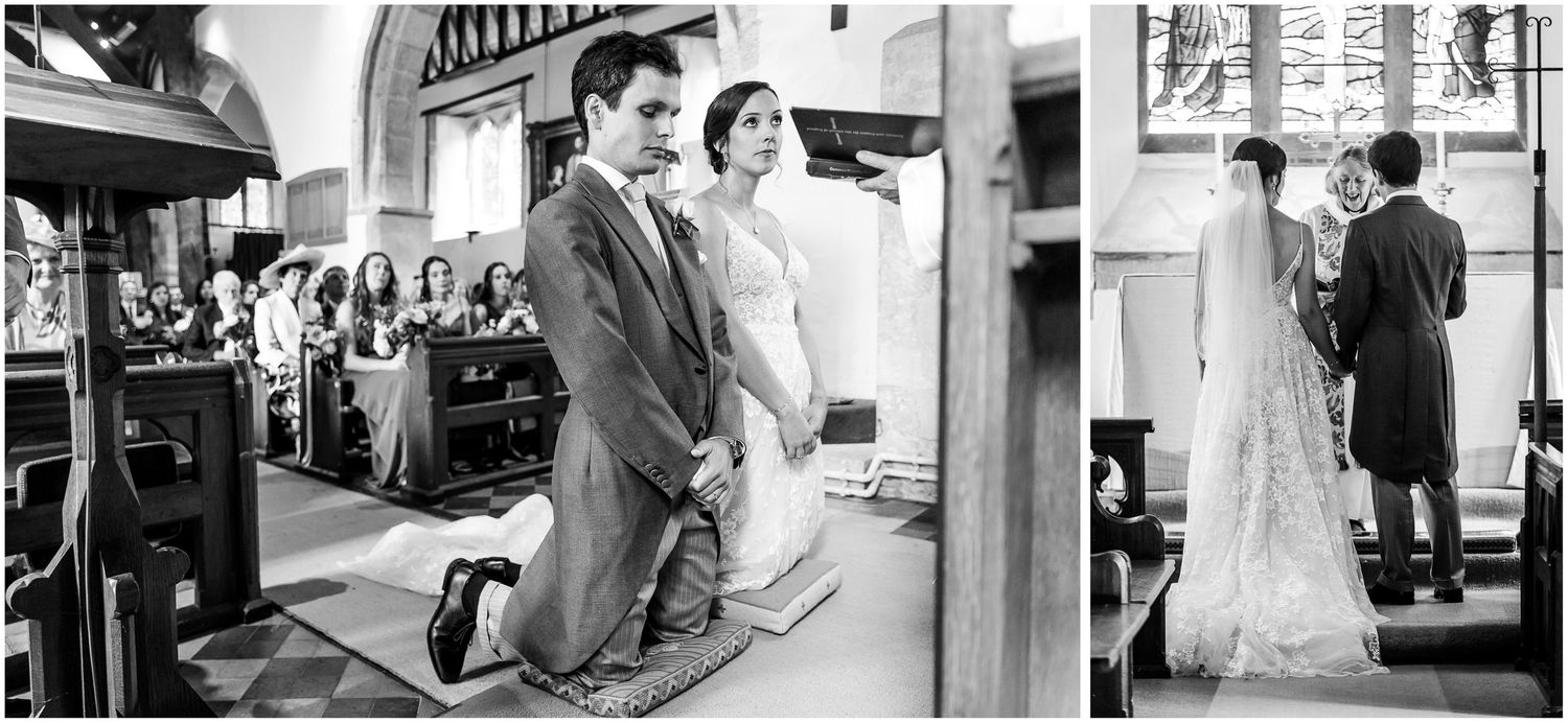 Collection of black and white candid wedding moments in church setting.