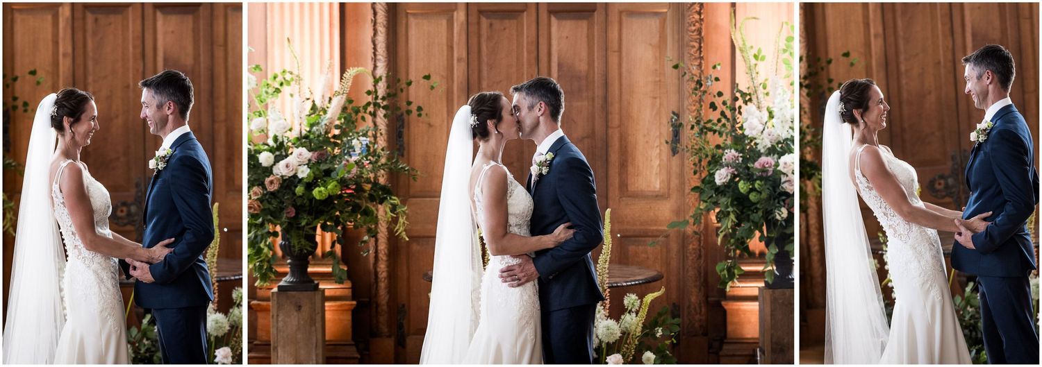 The first kiss o seal the marriage at Walhampton School in the New Forest