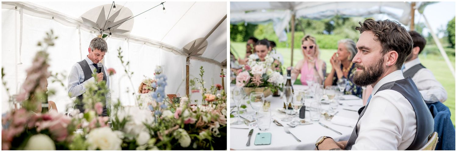 Guests mingle and celebrate at an elegant outdoor garden wedding reception.