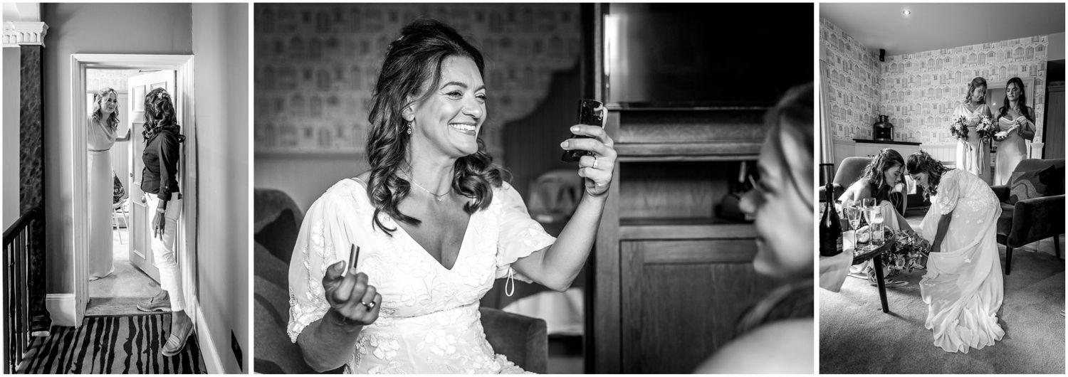 Collection of candid black and white moments from wedding preparations.