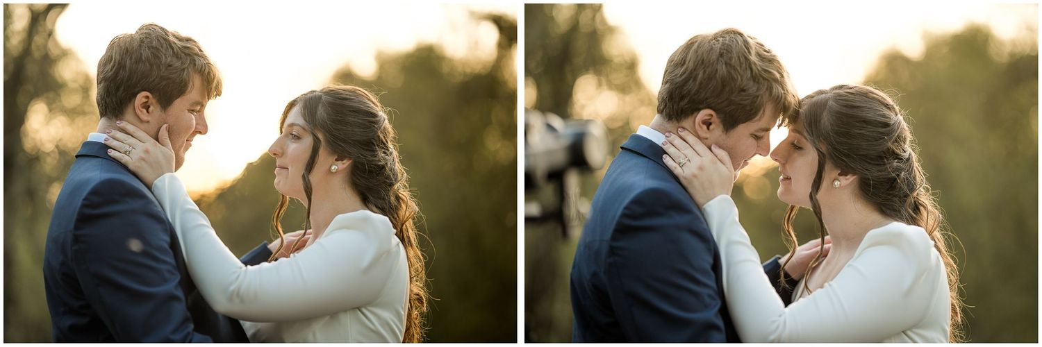 Intimate wedding portraits captured during golden hour in a natural setting.