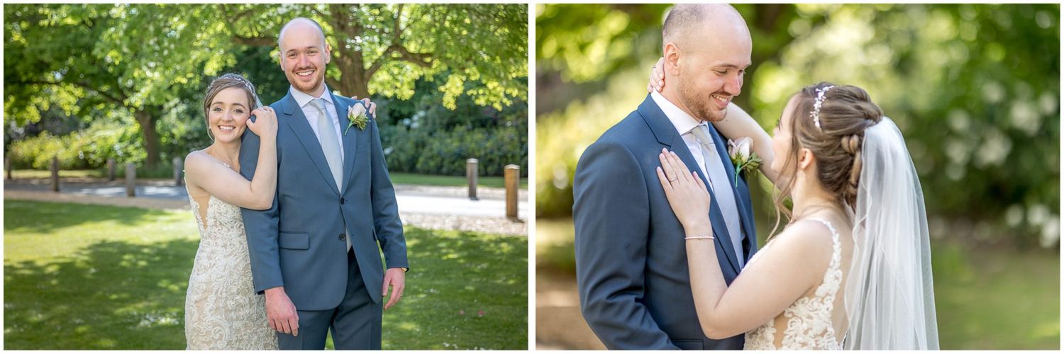 Collection of romantic wedding photos captured in a lush garden setting.