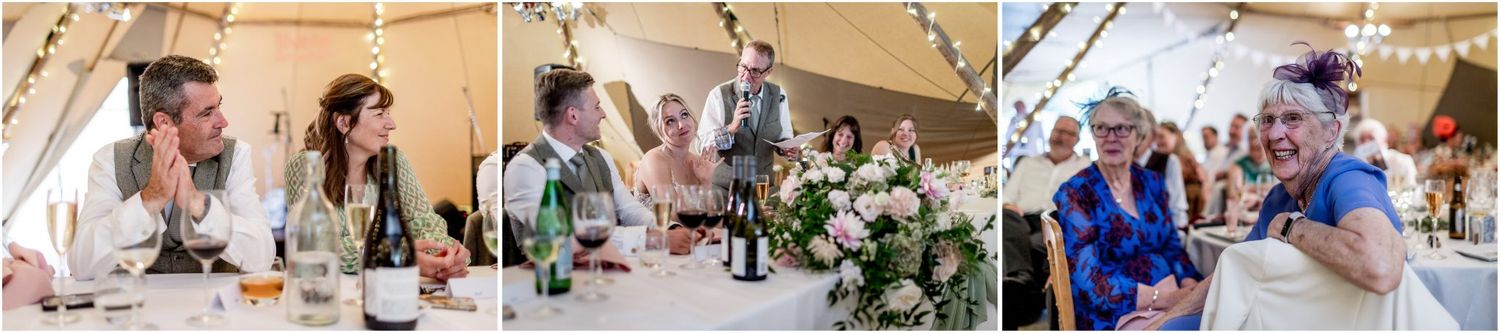 Wedding guests enjoying dinner and conversation at decorated tables under string lights.