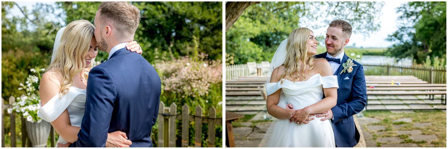 Romantic wedding portraits captured in natural outdoor settings with rustic wooden fences.