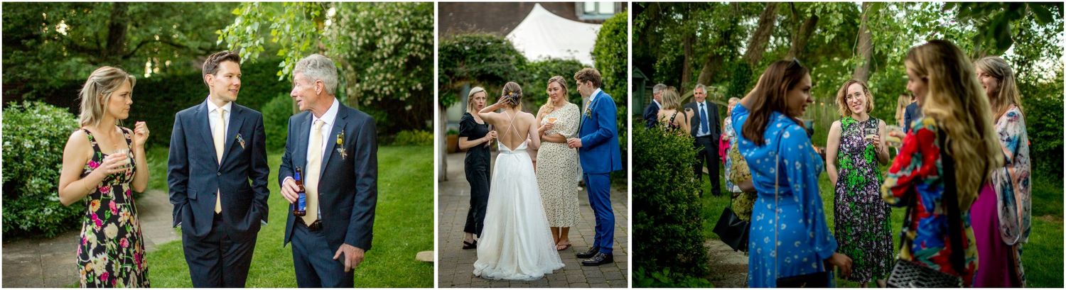 Garden wedding celebration with guests enjoying outdoor festivities.