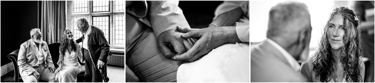 Three black and white candid wedding photos showing intimate moments between couples and family members.