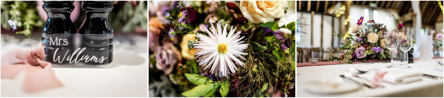 Detail photographs from tables set up for the wedding breakfast at Clock Barn