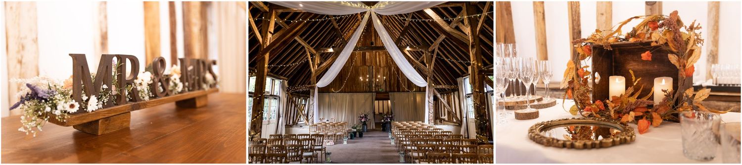 Interior detail photographs at Clock Barn wedding venue