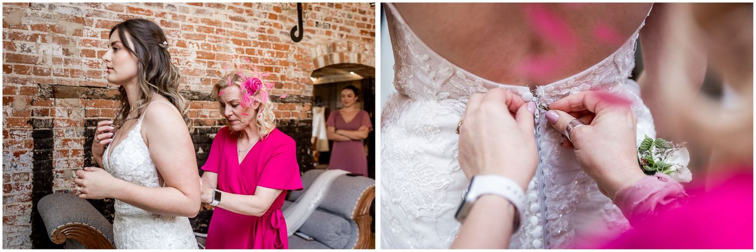 The mother of the bride helps the bride get ready at Clock Barn