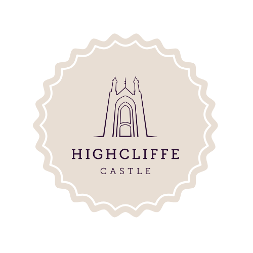 Minimalist logo design featuring a simple line drawing of a castle with text 'Highcliffe Castle' on beige circular badge.