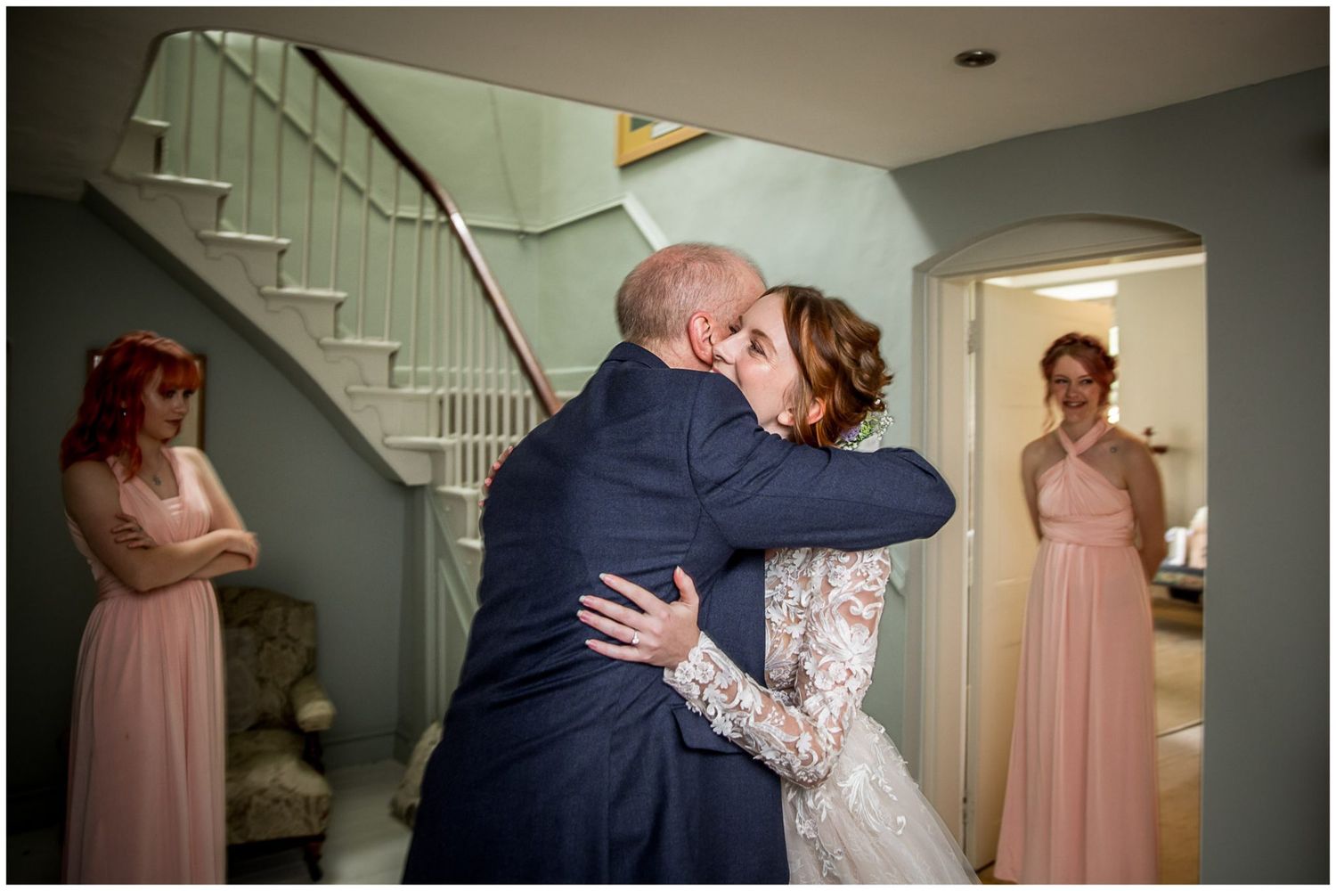 A sequence of emotional wedding preparation moments showing hugs and embraces in a light-filled home interior.