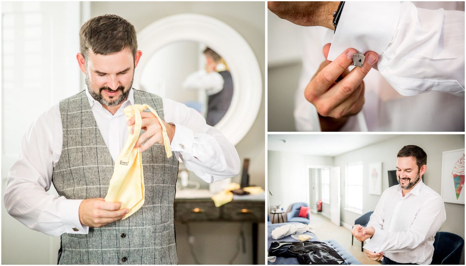 A person in a gray vest and white shirt getting dressed and preparing formal attire.