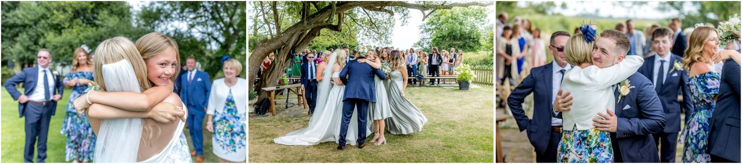 Wedding party candids showing outdoor celebration and guest interactions.