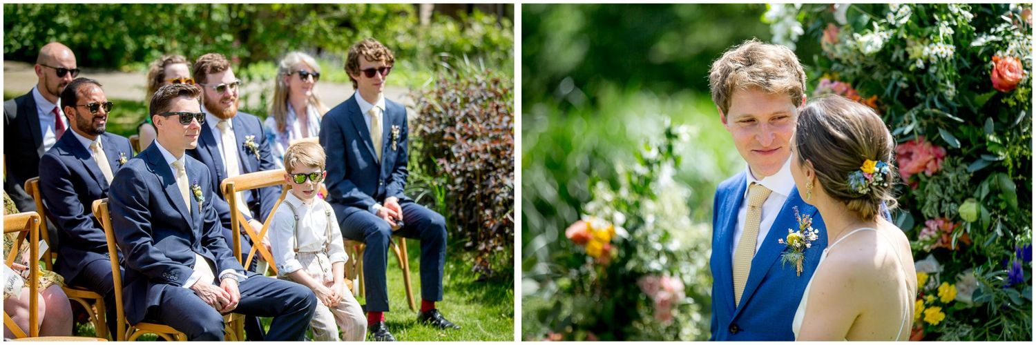 Series of candid wedding moments photographed in a vibrant garden landscape.