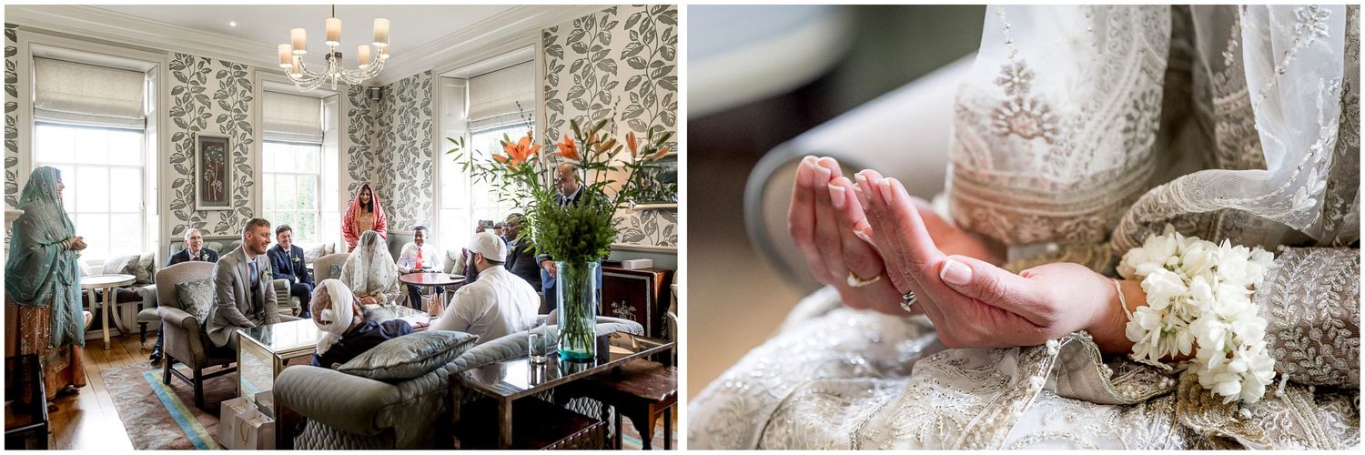 Wedding celebration scenes in a bright room decorated with chandeliers and floral patterns.