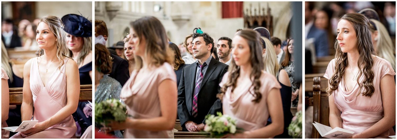 A series of candid wedding preparation moments showing bridesmaids getting ready in matching pink dresses.