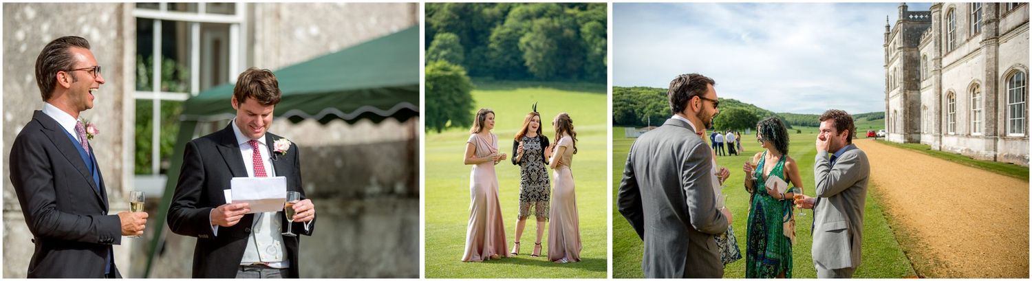 Wedding party and guests enjoying festivities on the grounds of an elegant country estate.