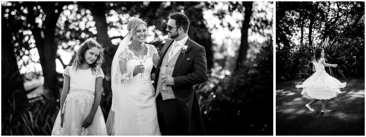 A collection of black and white wedding photographs showing romantic moments and celebrations at an outdoor venue.