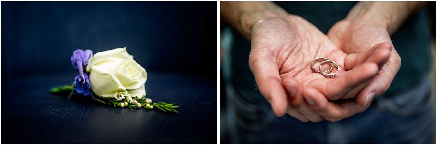 A collection of wedding photos showing rings, flowers, and hands in romantic poses with soft lighting and delicate details.