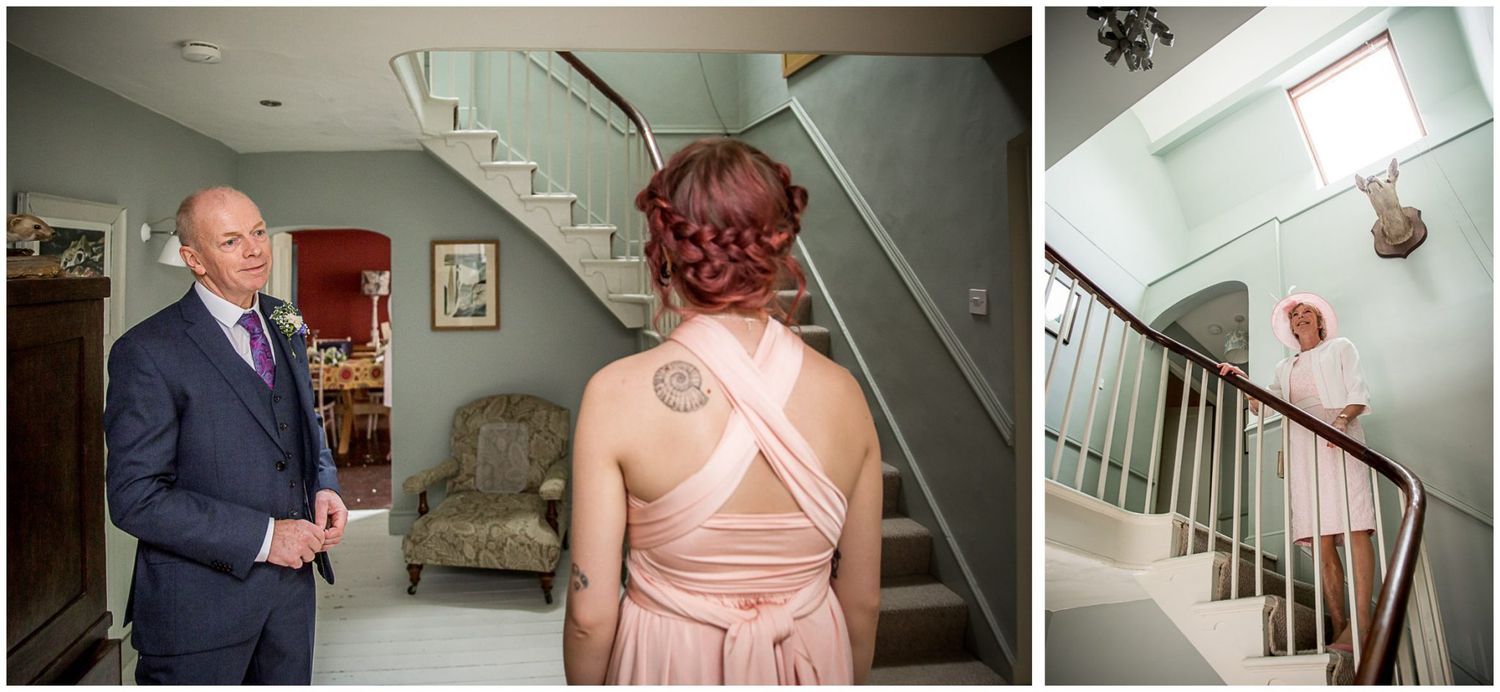A sequence of still frames showing people walking up and down a staircase in an office building.