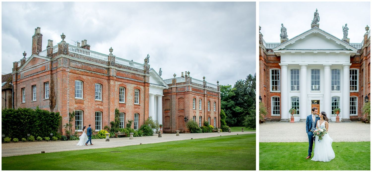 Wedding venue exterior showing red brick mansion with white columned entrance.