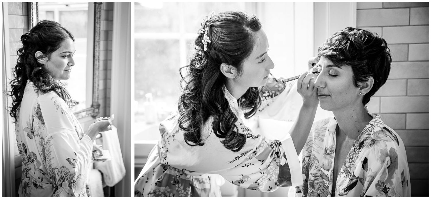 Intimate black and white wedding preparation moments captured in natural light.