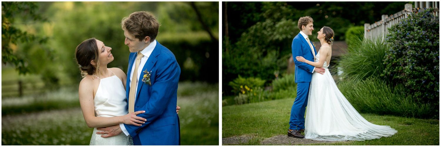 Romantic wedding portraits taken in a sunlit garden landscape.