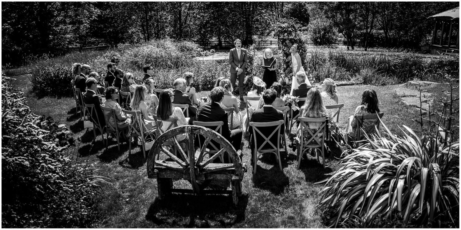 Wedding guests gathered in a garden setting with natural landscaping and wooden benches.
