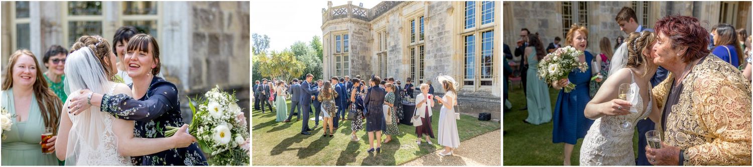 Series of candid wedding moments captured in garden and architectural settings.