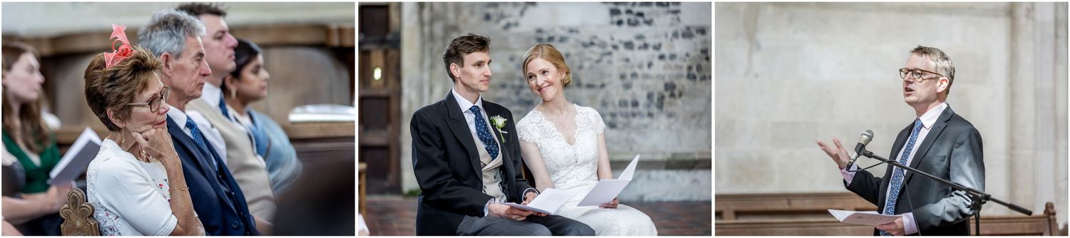 Wedding guests seated in church pews during an intimate ceremony.
