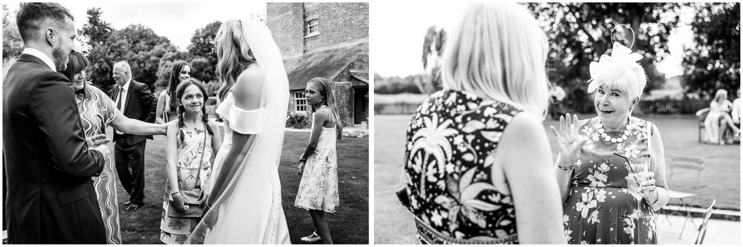 Black and white candid shots capture joyful moments between wedding guests at an outdoor celebration.