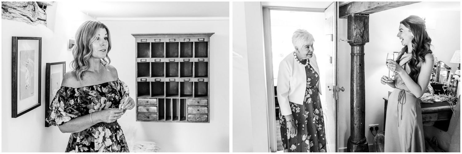 Wedding party getting ready in a bright room with makeup and hair styling preparations.