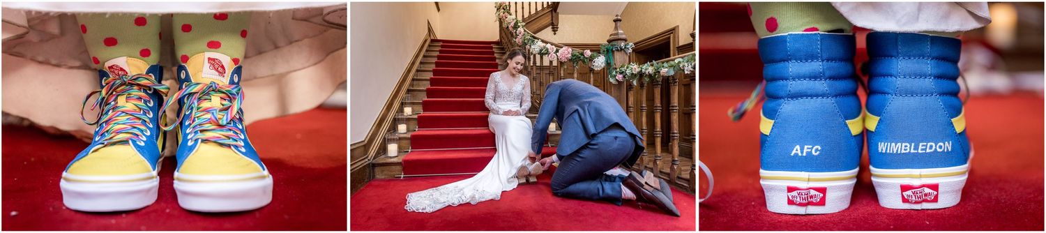 Artistic shots of blue sneakers from different angles at a formal venue.